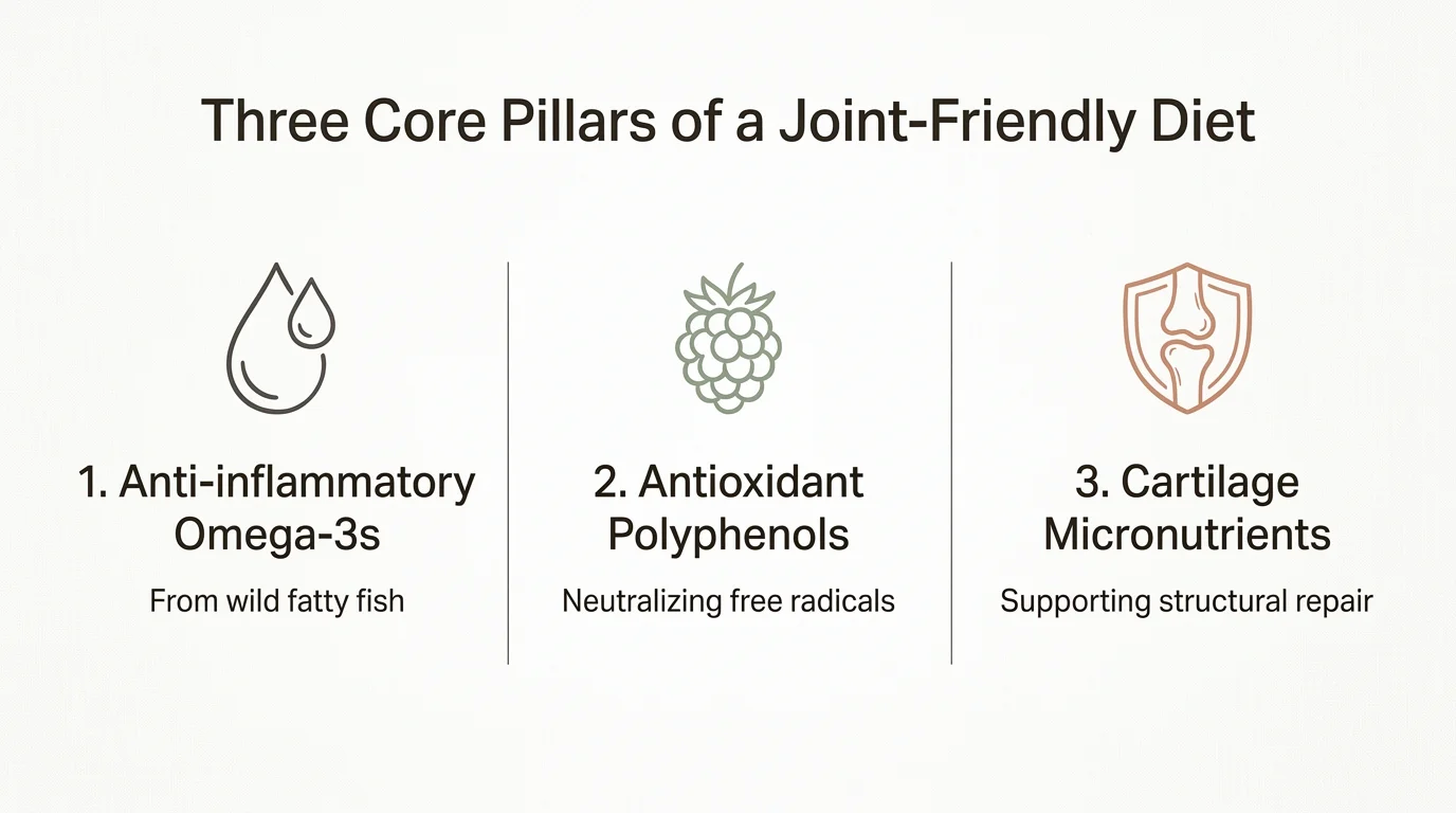 Horizontal three-column infographic outlining the core pillars of a joint-friendly diet: Omega-3s, Polyphenols, and Micronutrients.
