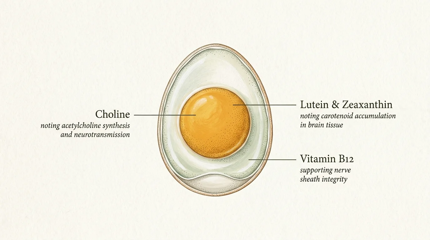 Diagram of a sliced egg labeling nutrients including choline, lutein and zeaxanthin, and vitamin B12 with their benefits.