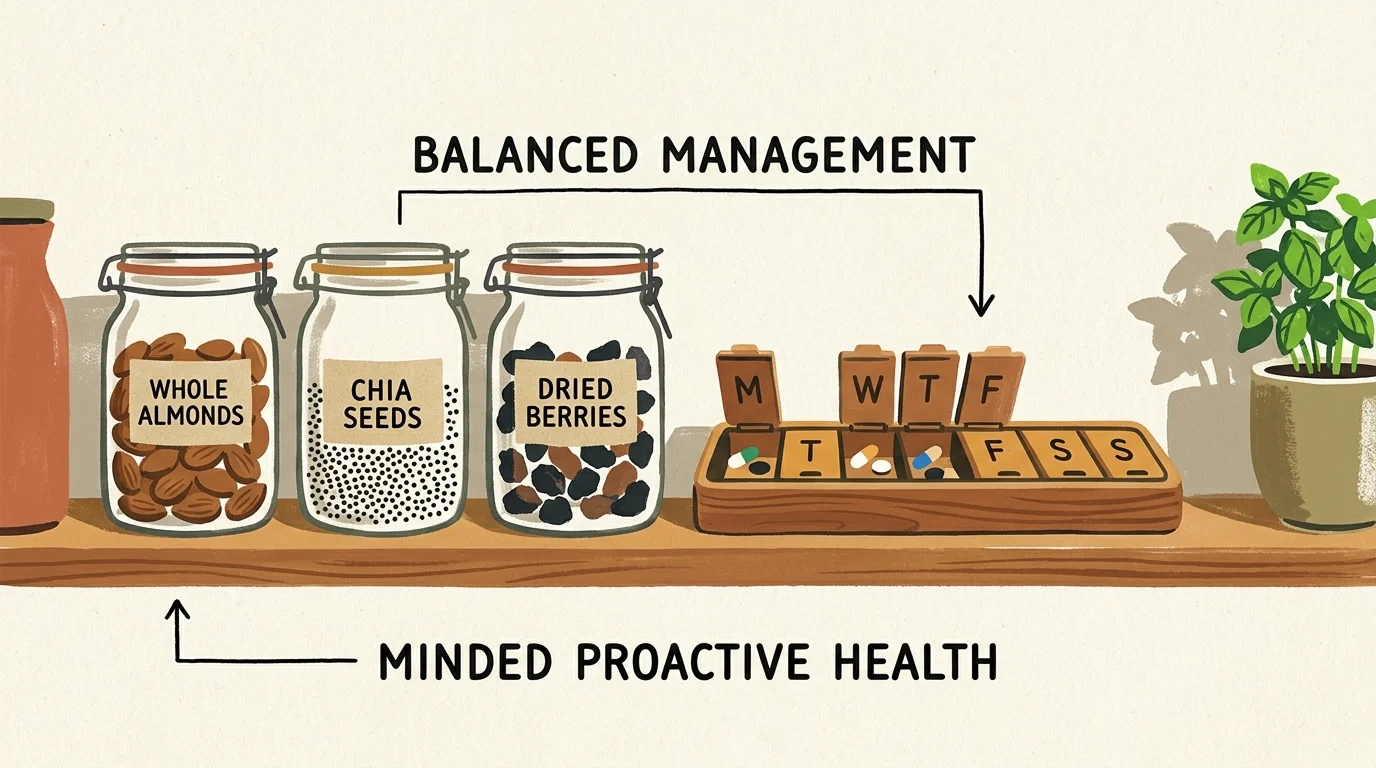 Illustration of a kitchen shelf with jars of nuts, seeds, and a wooden weekly pill organizer, representing a balanced health routine.