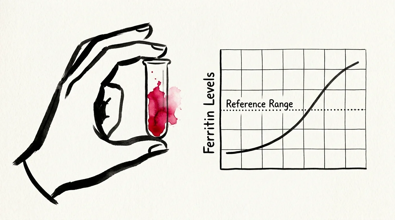 Ink and watercolor drawing of a hand holding a laboratory blood vial next to an upward-trending health chart.