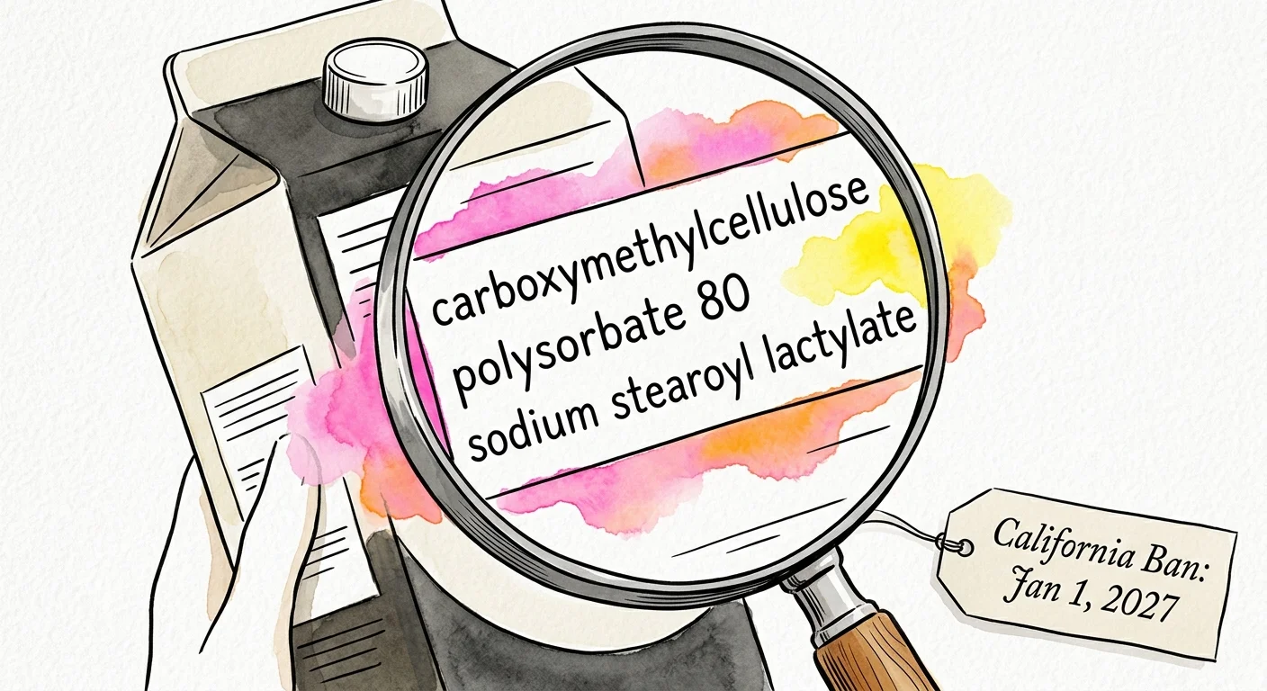 Ink and watercolor illustration of a magnifying glass highlighting chemical ingredients on a food label, with a tag referencing the 2027 Cal