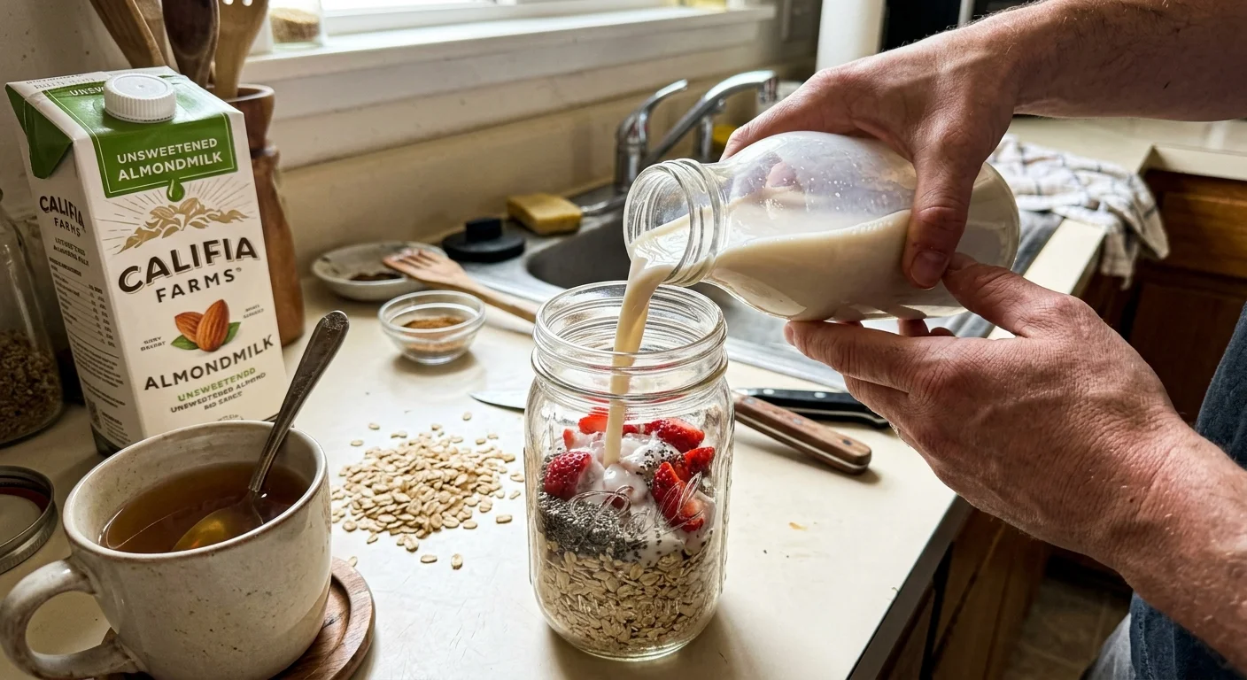 iPhone snapshot of hands pouring almond milk into a mason jar of overnight oats and strawberries on a kitchen counter.