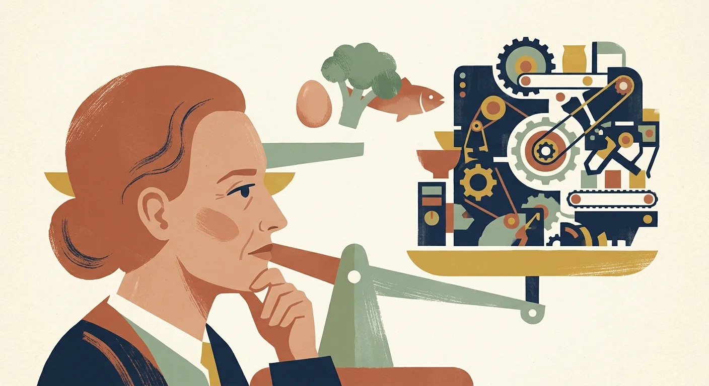 Mid-century modern illustration of a researcher analyzing a scale balancing whole foods against an industrial gear system.