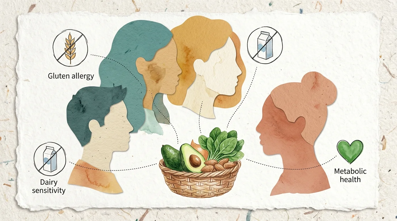 Mixed-media collage illustrating personalized nutrition profiles, highlighting dietary restrictions like gluten and dairy sensitivities.