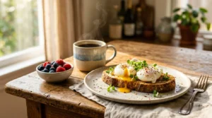 Poached eggs on toast with runny yolk beside a bowl of berries and a steaming mug of coffee on a wooden table.