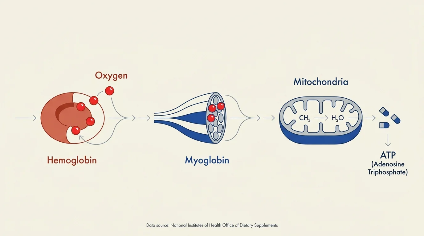 Scientific diagram showing how iron binds oxygen in hemoglobin and myoglobin to fuel mitochondrial ATP production.