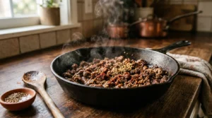 Seasoned ground meat sizzling in a cast-iron skillet on a wooden kitchen counter next to a wooden spoon.