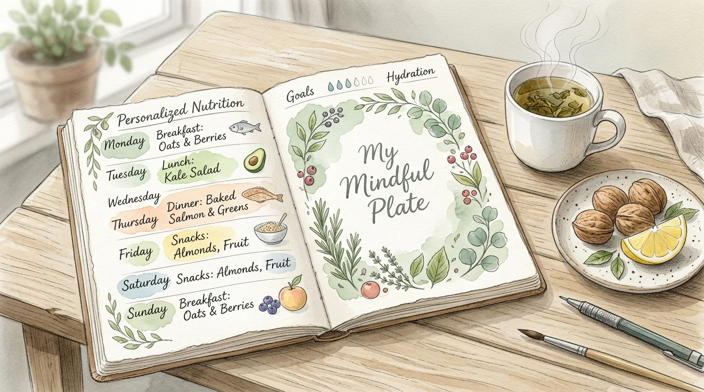 Soft watercolor illustration of a meal planning journal, a cup of herbal tea, and walnuts on a light oak table.