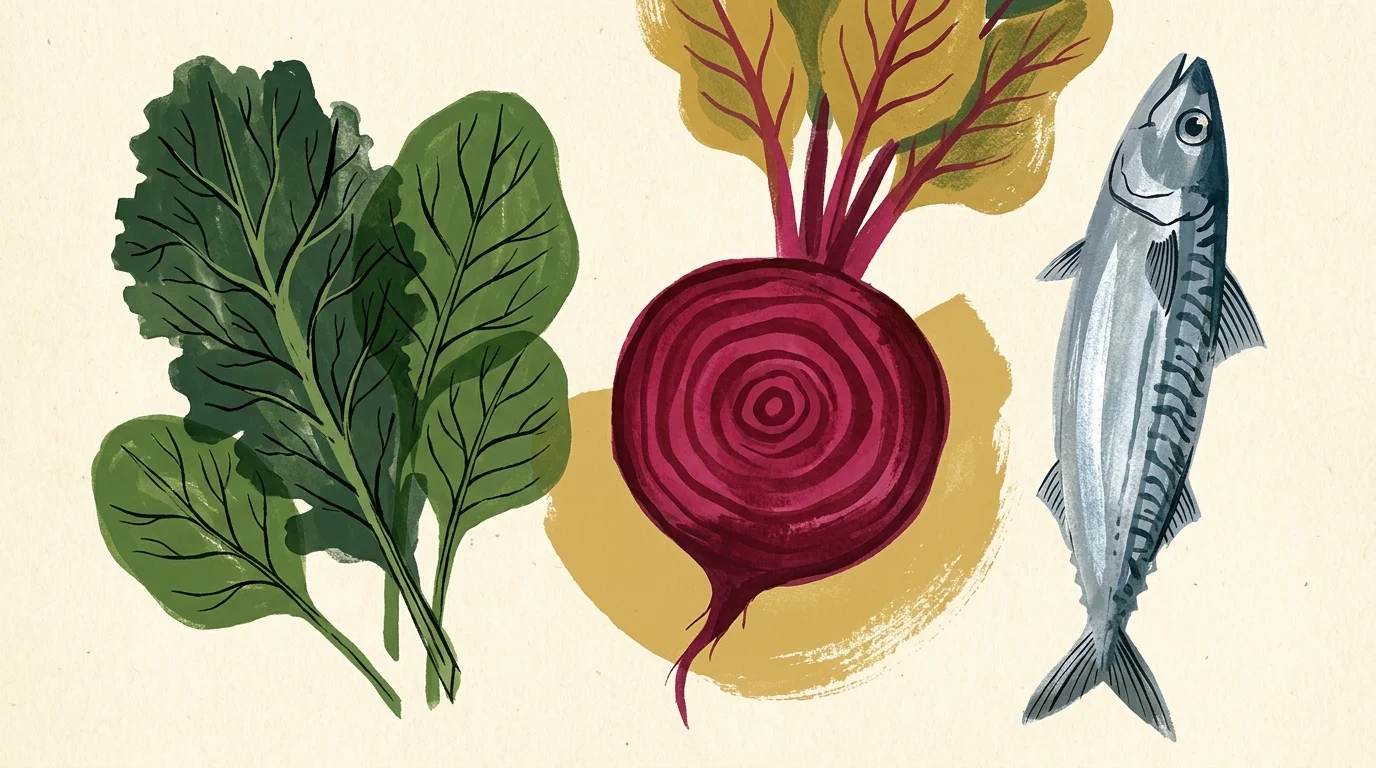 Stylized gouache illustration of fresh leafy greens, a sliced beetroot showing growth rings, and a sleek mackerel fish.