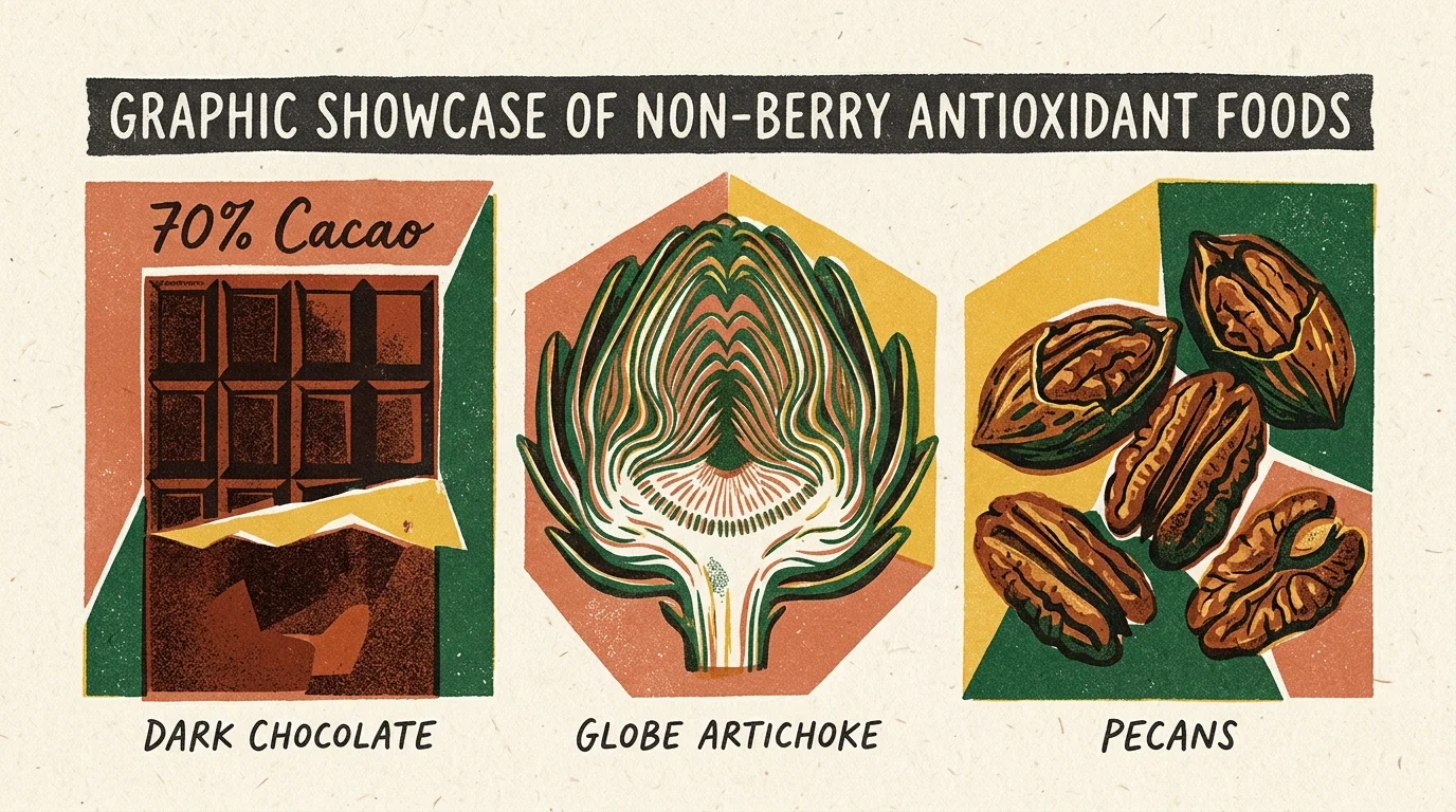 Textured risograph illustration of three panels showing a dark chocolate bar, a globe artichoke cross-section, and a cluster of pecans.