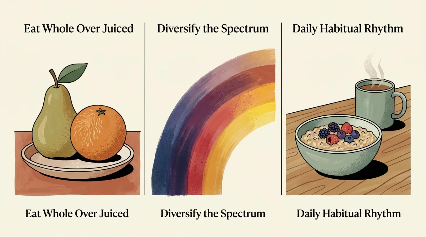 Three-panel illustration showing fruit on a plate, a colorful rainbow arch, and oatmeal topped with berries beside a mug.