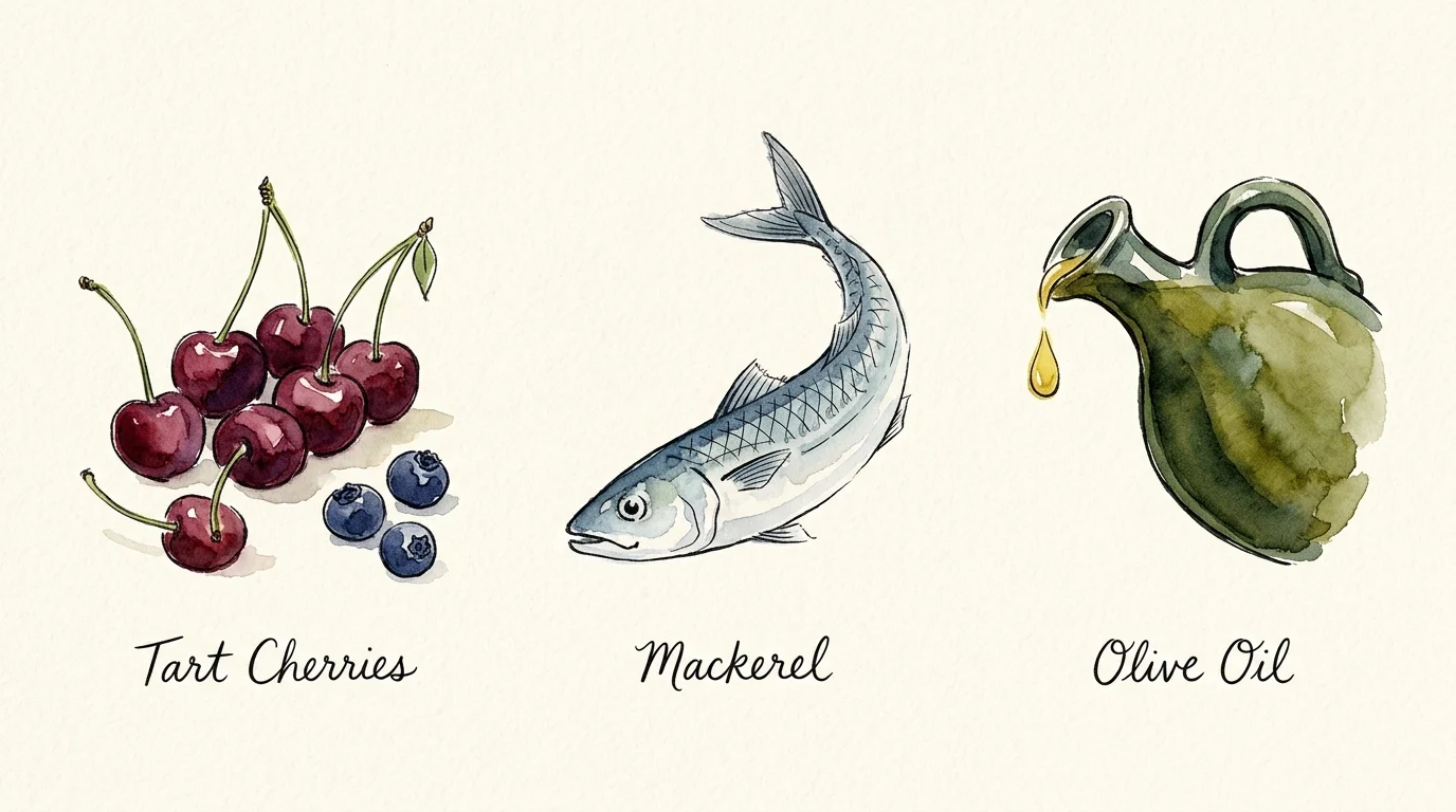 Watercolor and ink illustration of tart cherries, mackerel, and olive oil with delicate, hand-lettered labels.