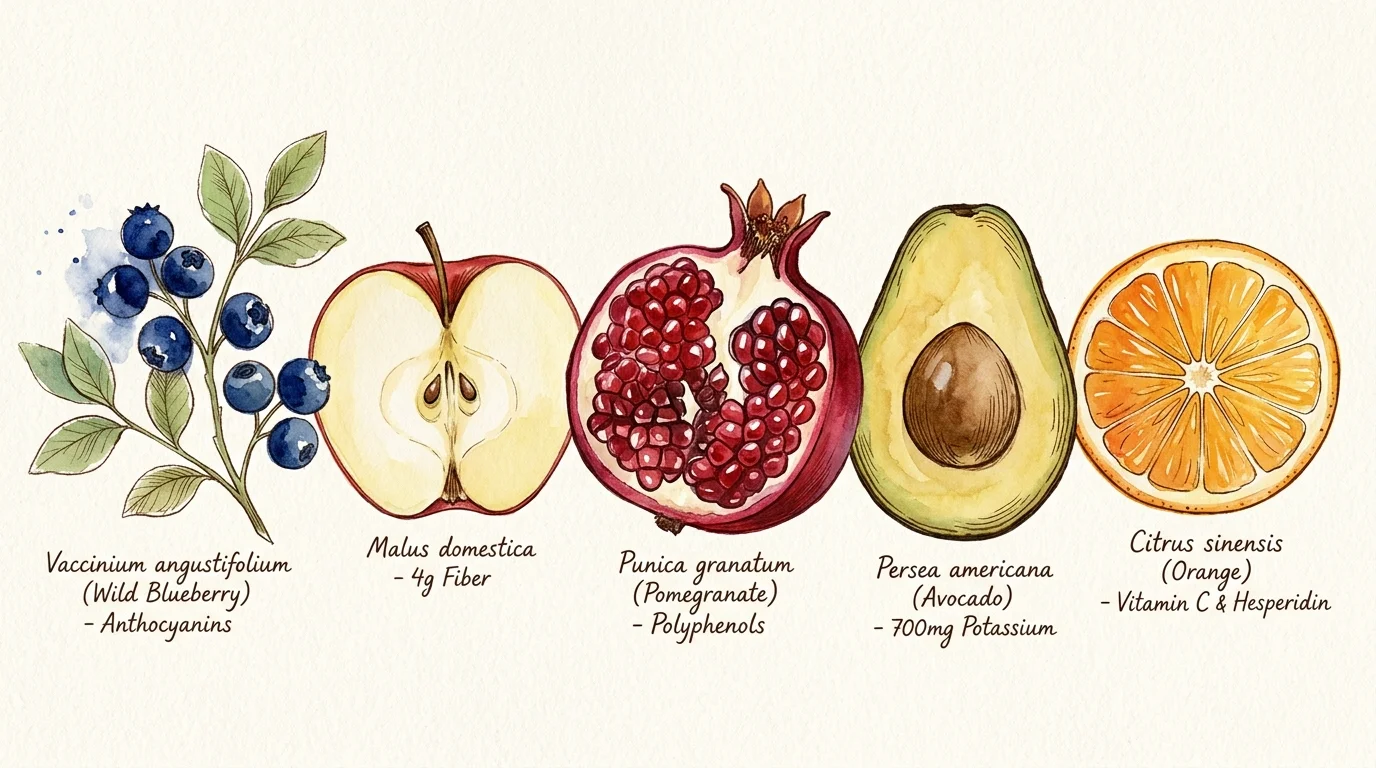 Watercolor botanical illustrations of blueberries, sliced apple, pomegranate, avocado, and orange with nutrient labels.