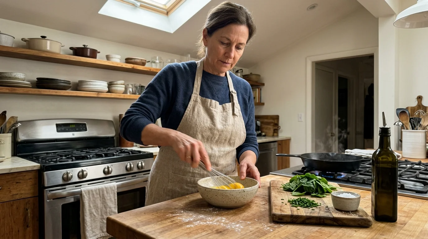 A woman in an apron whisks eggs in a bowl on a wooden kitchen island beside fresh greens and olive oil.