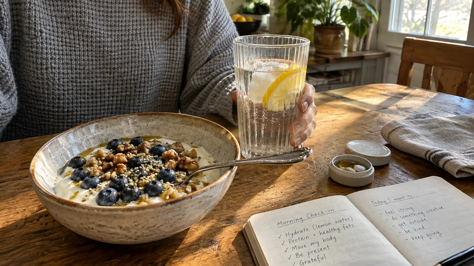 Yogurt bowl with berries and nuts, a hand holding lemon water, a handwritten journal, and vitamins on a wooden table.