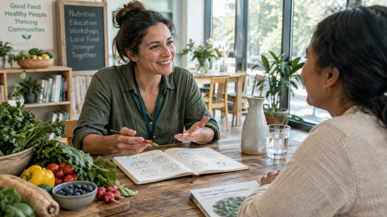 Smiling nutritionist discussing plant-forward diets with a client across a wooden table filled with fresh produce.