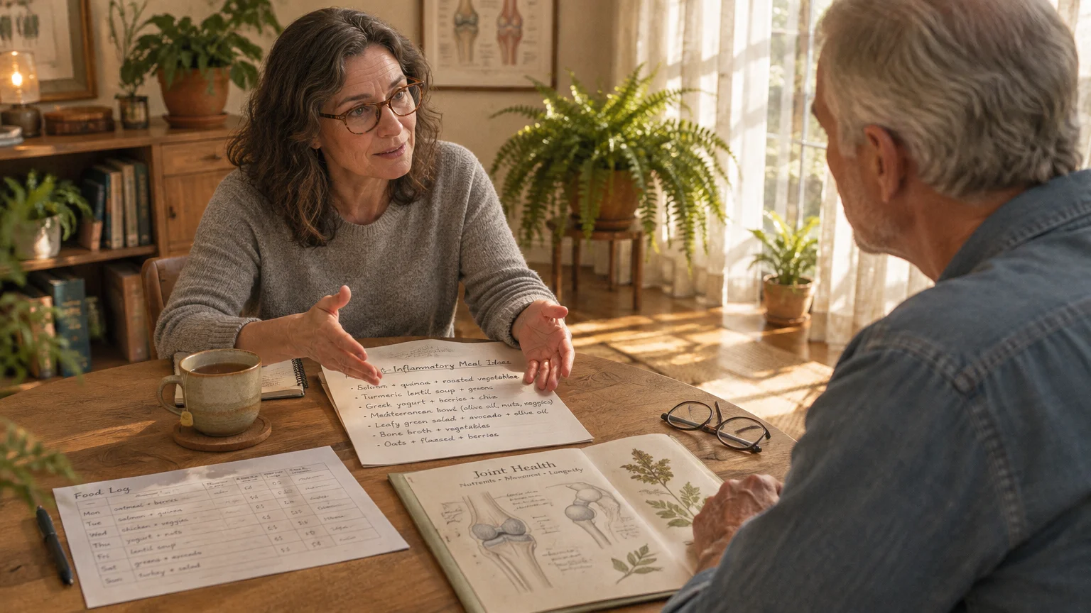 A woman with glasses speaks across a wooden table with meal plan notes and a joint health book to an older man.