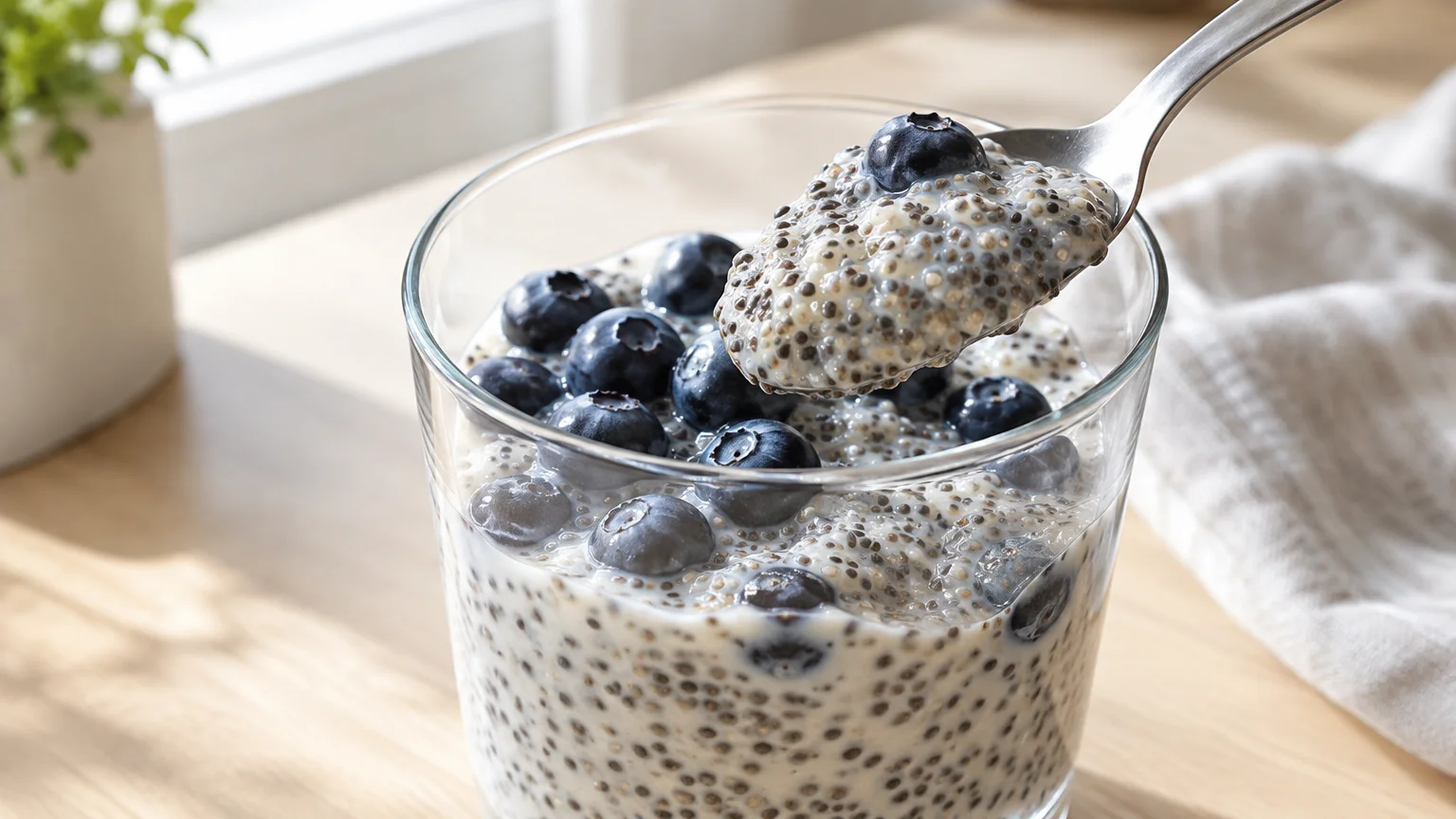 A glass of chia seed pudding topped with fresh blueberries, with a spoonful being lifted up.