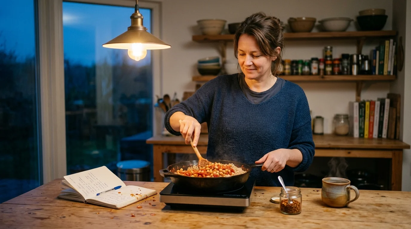 A woman in a blue sweater stirs chickpeas and grains in a skillet on a portable burner at a kitchen table.