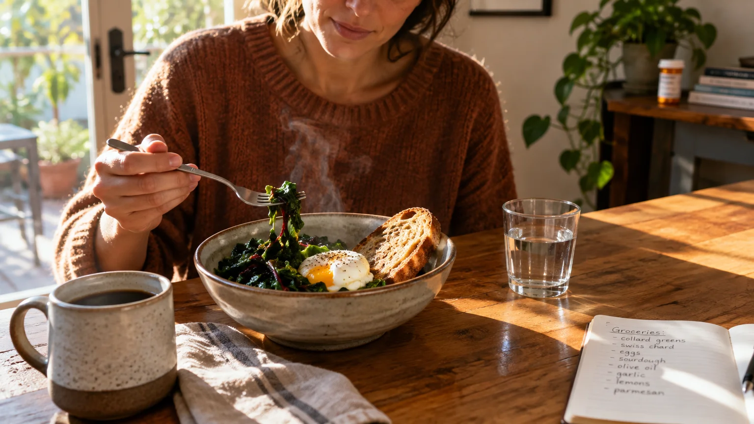Woman eating cooked greens with a poached egg and toast beside coffee, water, and a grocery list on a wooden table.