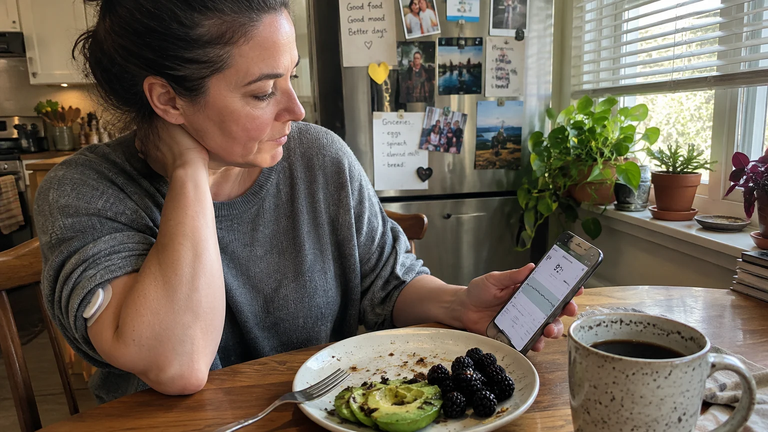 Woman sitting at a table checking a glucose tracking app on her phone beside a plate of avocado and blackberries.