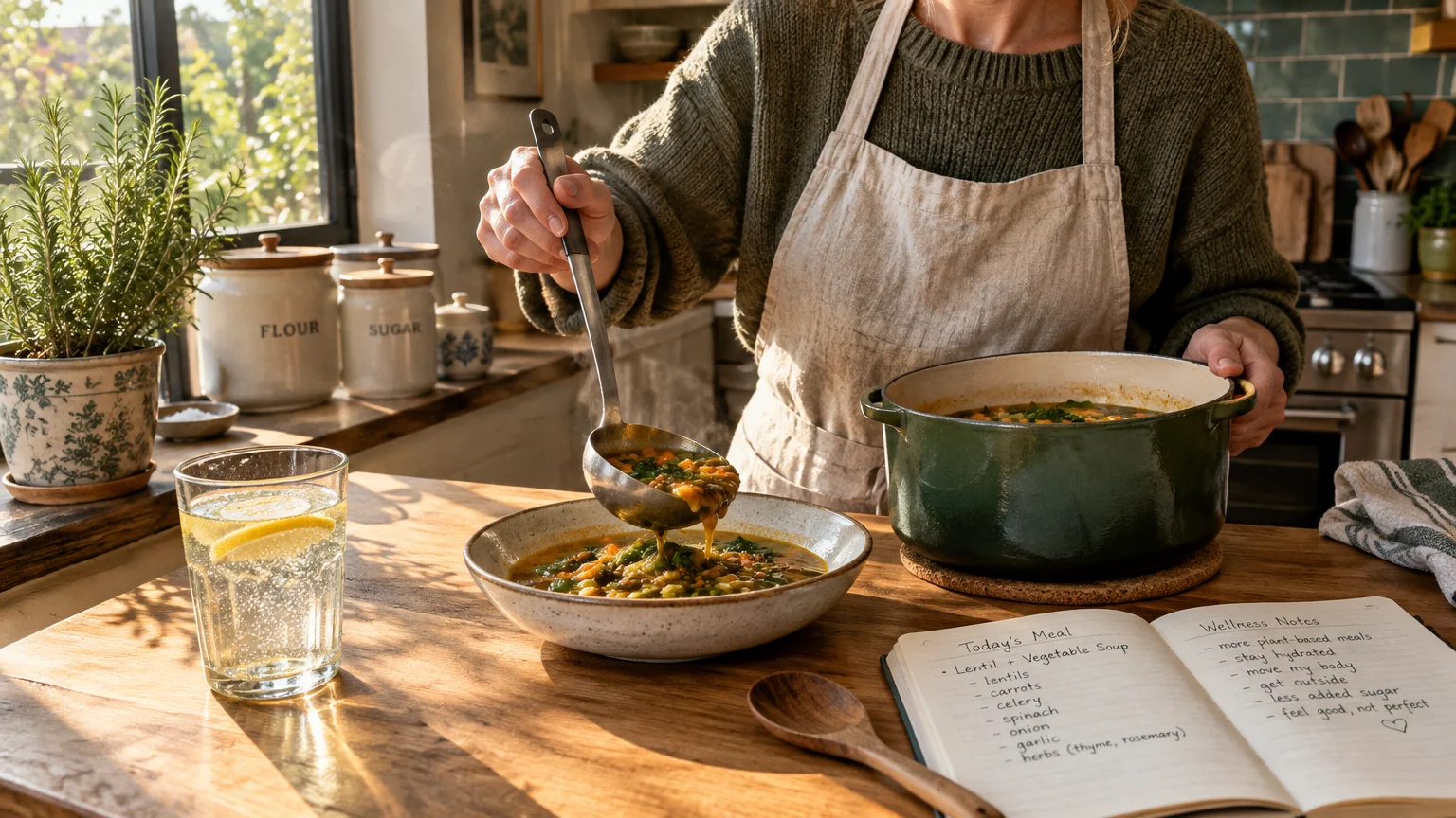 A person ladling vegetable lentil soup into a bowl next to a glass of lemon water and a handwritten recipe journal.