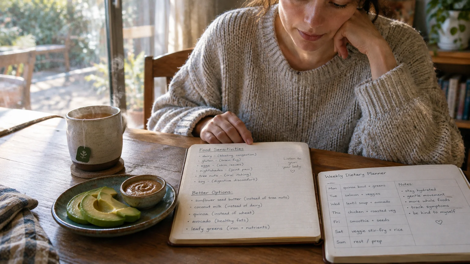 Woman sitting at a wooden table reviewing a handwritten food sensitivities notebook next to sliced avocado and hot tea.