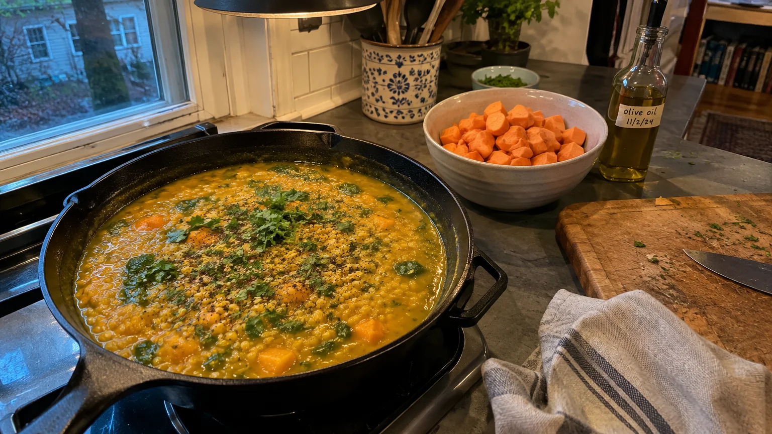 A cast-iron skillet of yellow stew sits on a counter beside a bowl of cubed sweet potatoes and a bottle of olive oil.