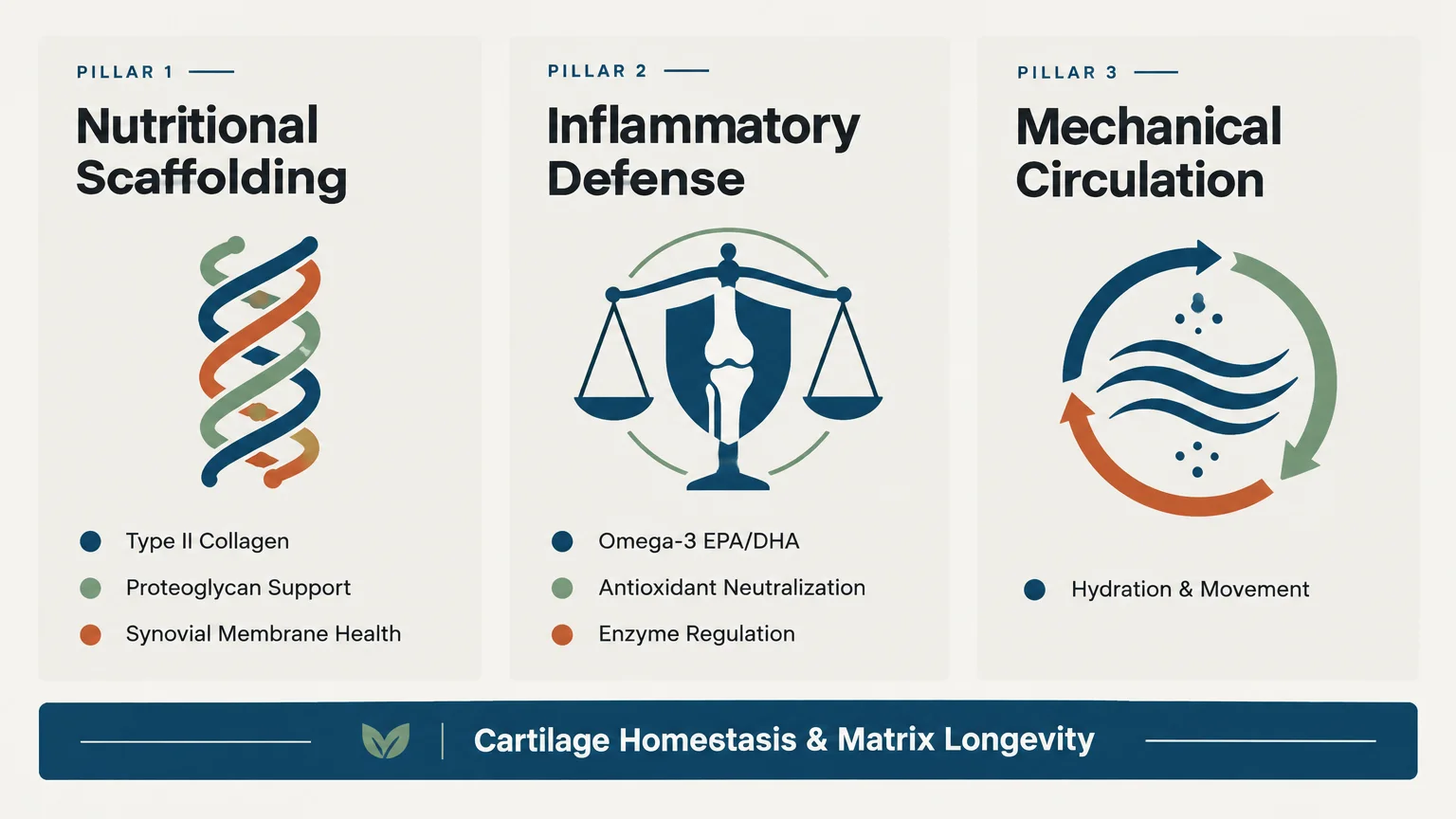 Diagram showing three pillars for joint health: Nutritional Scaffolding, Inflammatory Defense, and Mechanical Circulation.