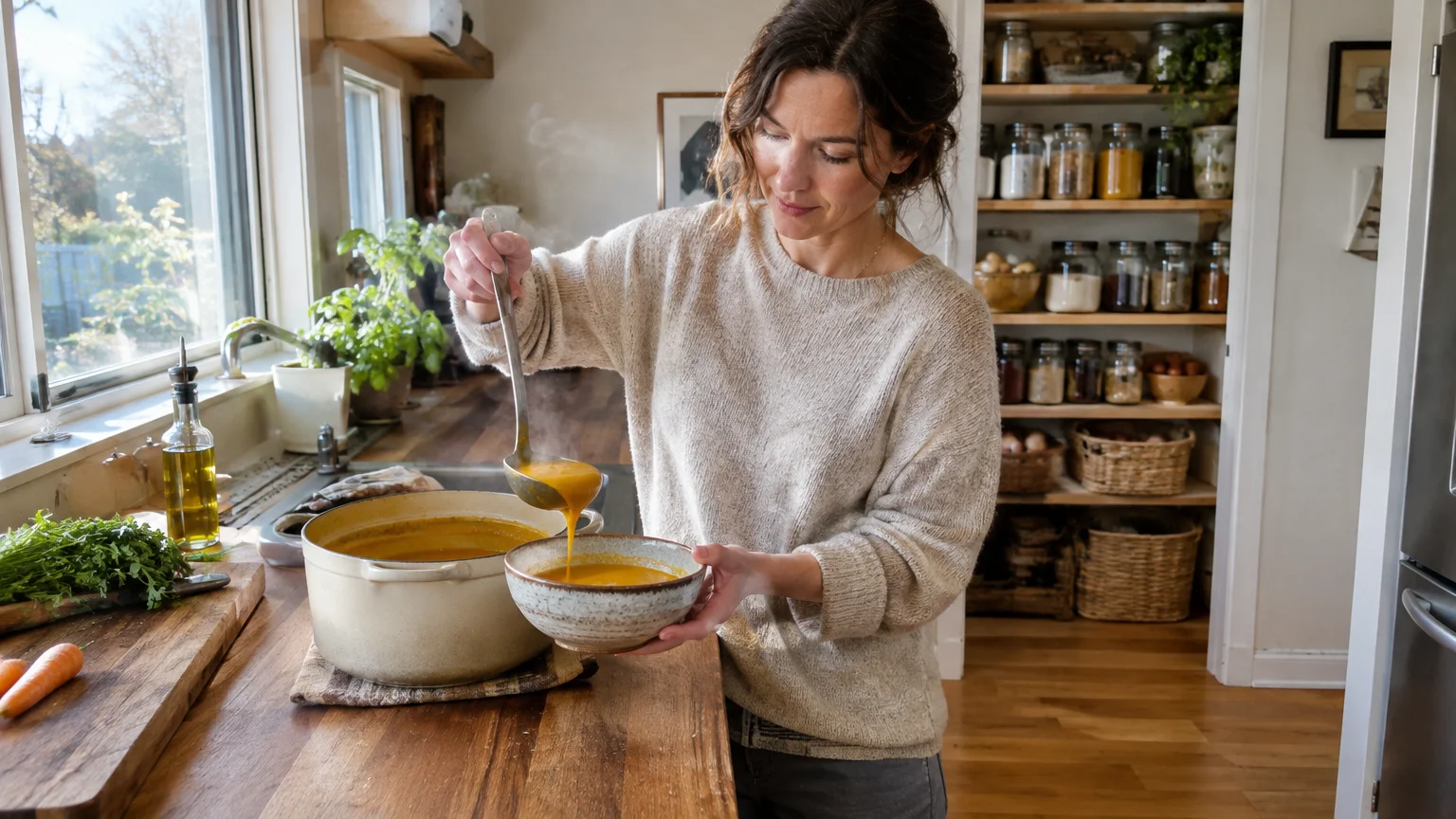 A woman in a kitchen ladling warm orange soup from a large pot into a ceramic bowl on a wooden countertop.