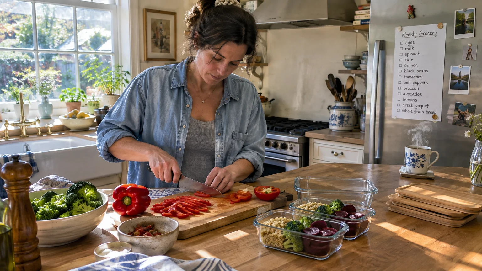 A woman chops red bell peppers on a wooden island near glass meal prep containers in a sunlit kitchen.