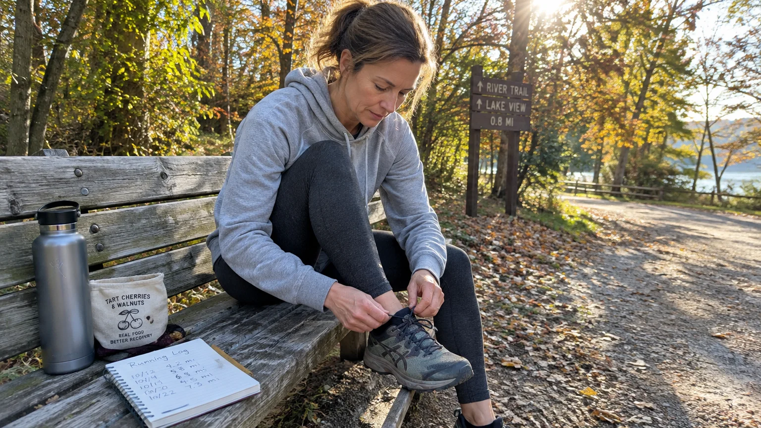 A woman sitting on a wooden park bench ties her running shoe next to a notebook, snack pouch, and water bottle.