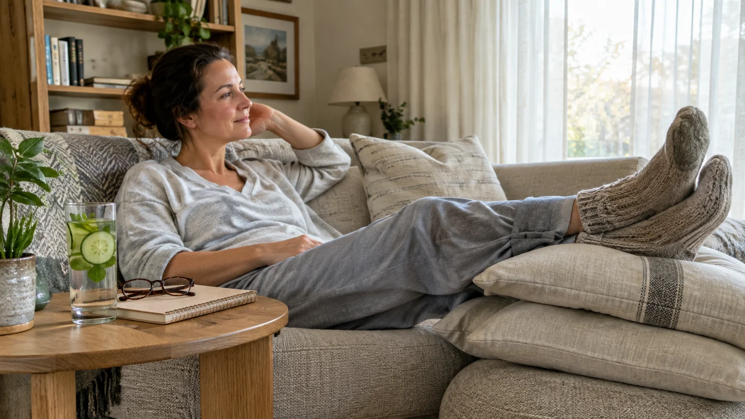 Woman resting on a sofa with her feet elevated on pillows, beside a glass of cucumber water on a wooden table.