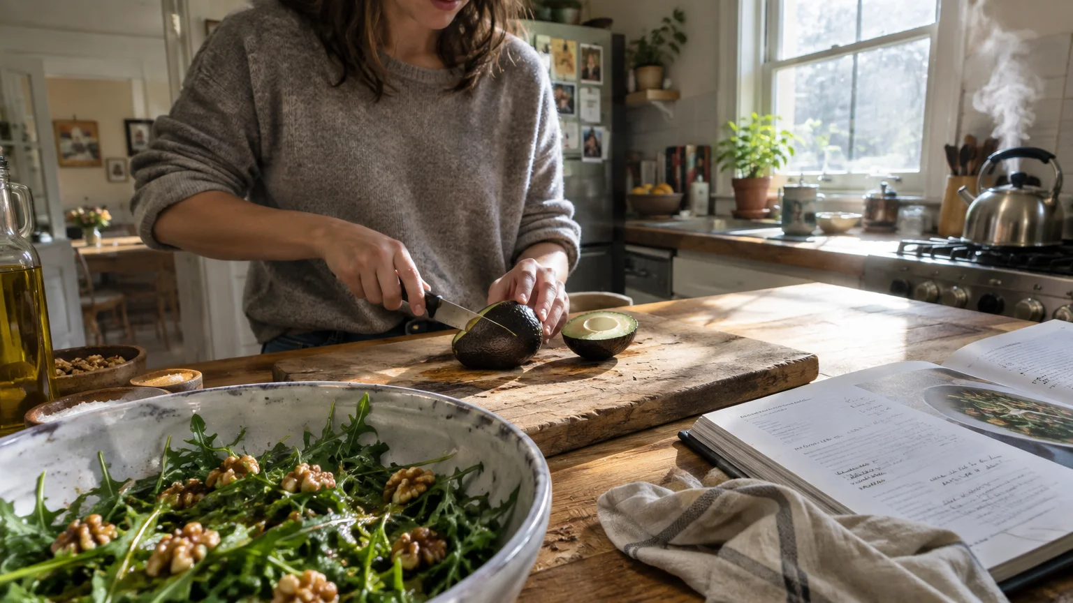 A woman slices a fresh avocado on a wooden board next to an open cookbook and a walnut salad.