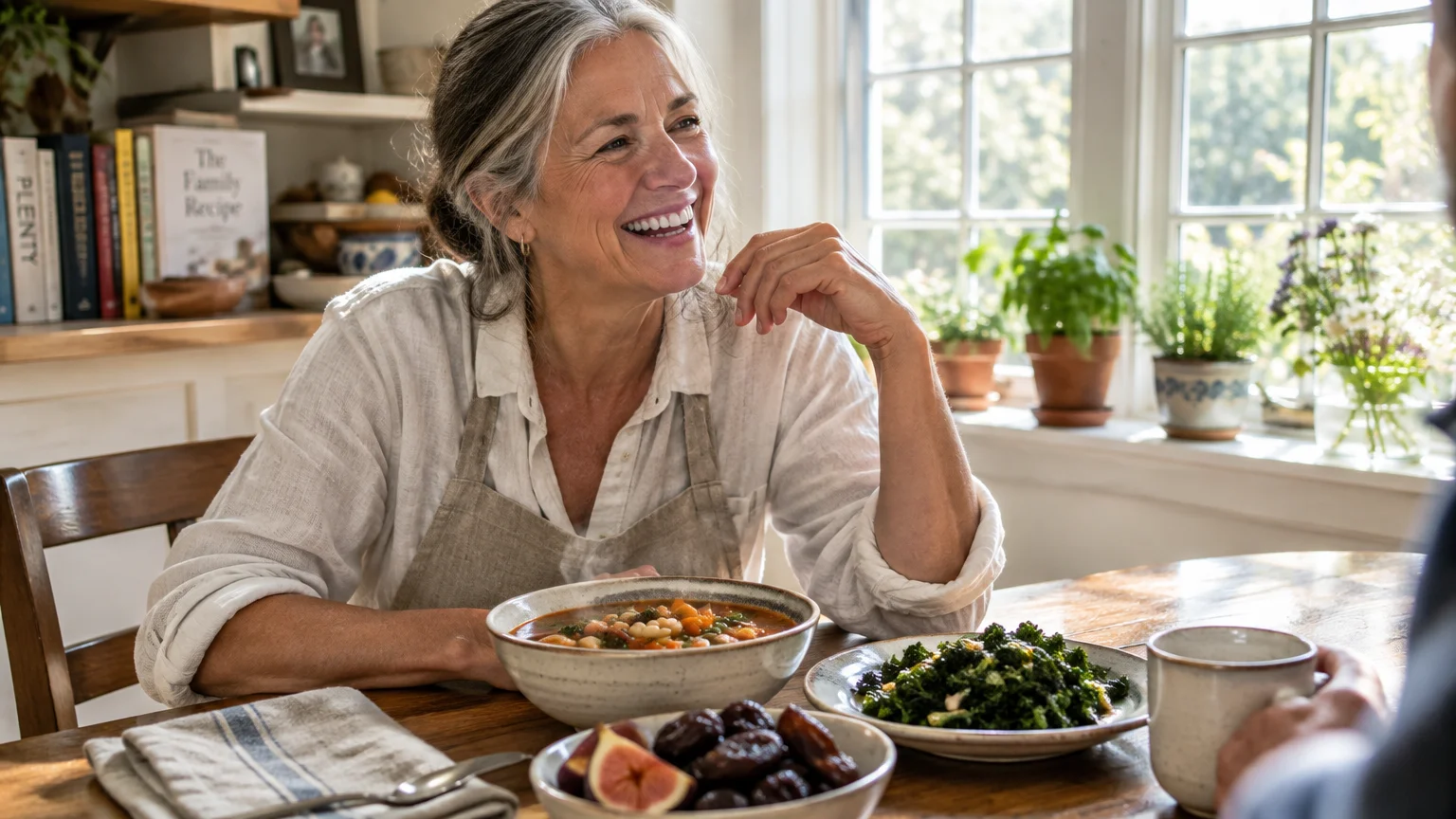 A smiling mature woman in an apron sits at a sunlit wooden table set with vegetable soup, cooked greens, and figs.