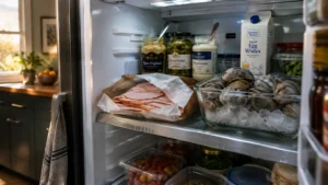 Open refrigerator shelves filled with sliced deli ham in butcher paper, fresh clams on ice, condiments, and egg whites.