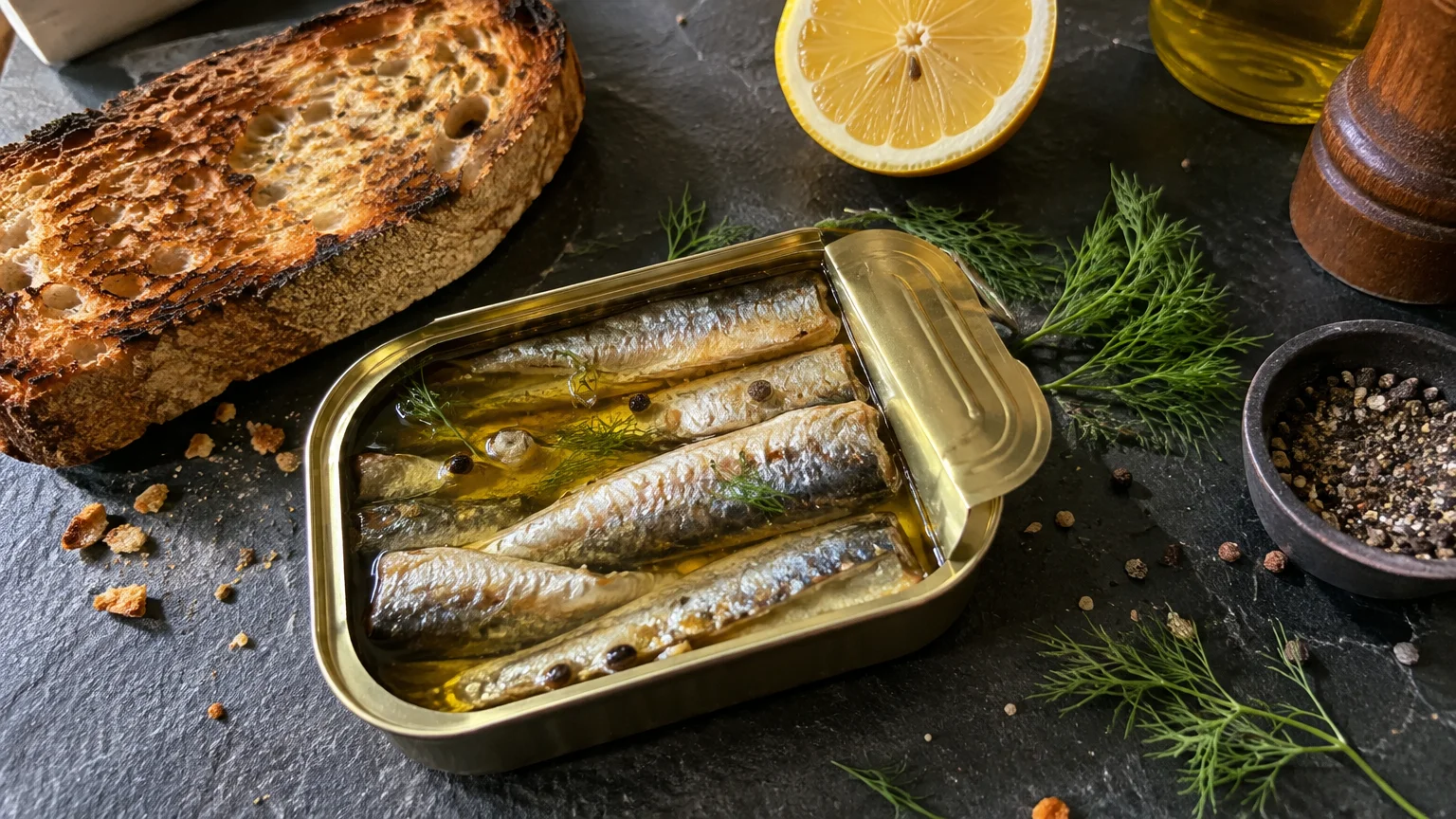 Open tin of sardines in oil on a dark slate board beside toasted bread, fresh dill, lemon half, and peppercorns.