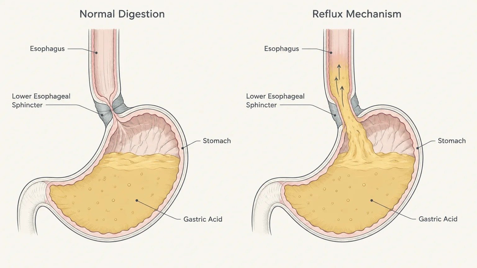 Diagram comparing normal digestion with a closed lower esophageal sphincter to reflux with acid rising into the esophagus.