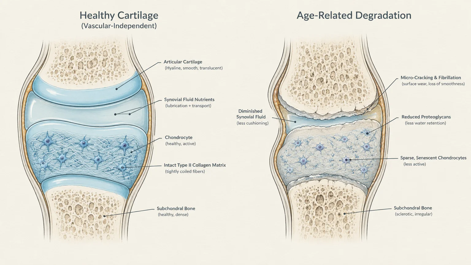 Side-by-side diagram comparing healthy joint cartilage with smooth surfaces to age-related degradation with worn cartilage.