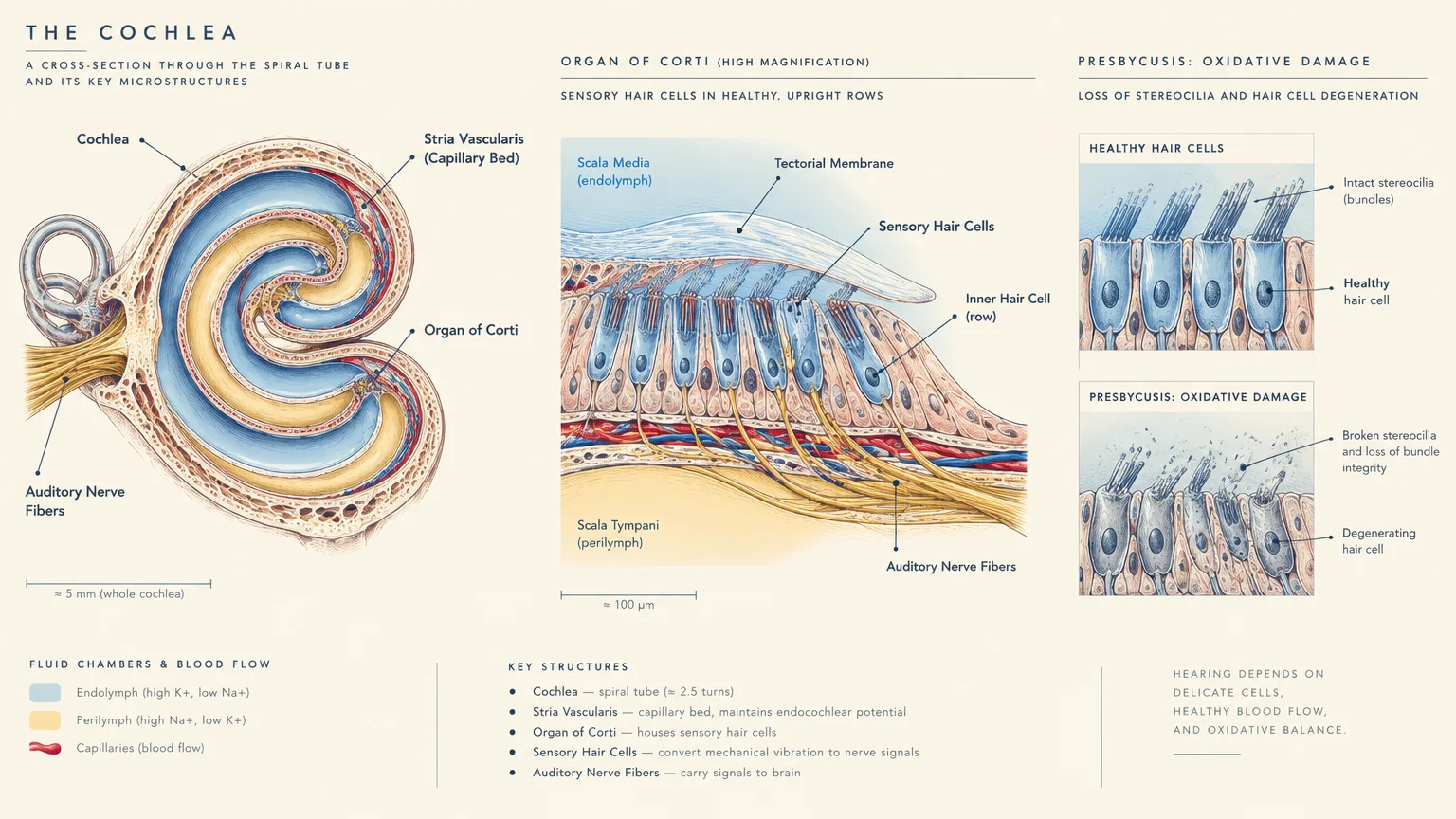 Anatomical diagrams showing cochlea cross-sections, the organ of Corti, and sensory hair cell degeneration.
