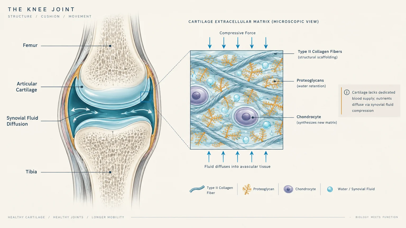 Diagram of a knee joint paired with a microscopic cross section showing chondrocytes, collagen fibers, and proteoglycans.