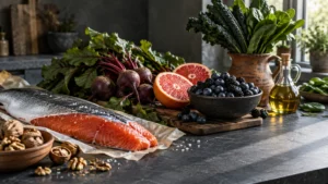 Salmon fillet, beets, blueberries, sliced grapefruit, walnuts, olive oil, and leafy greens arranged on a dark kitchen counter.