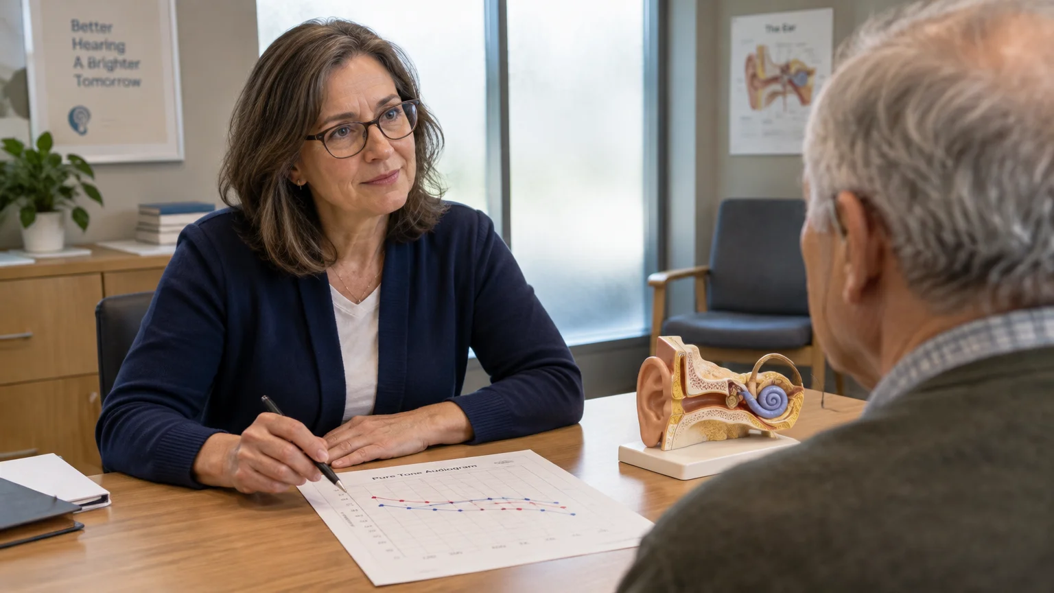 Female audiologist with glasses reviewing an audiogram chart with an older male patient across an office desk.