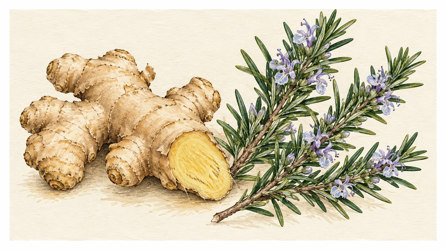 Botanical watercolor illustration of a sliced fresh ginger root alongside sprigs of flowering rosemary on cream paper.