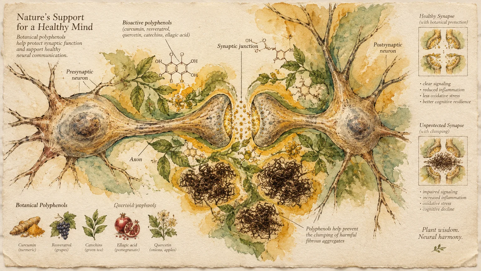 Watercolor botanical diagram showing two neurons forming a synapse entwined with leaves, alongside chemical structures and spices.