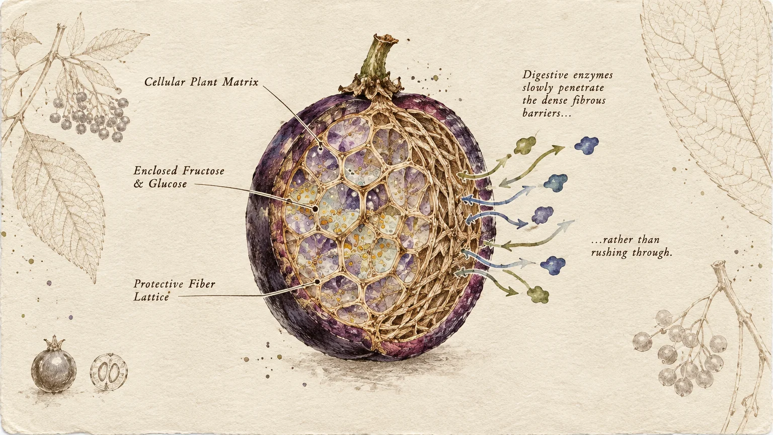 Cross-section watercolor illustration of a fruit showing cellular plant matrix, enclosed sugars, and protective fiber lattice.