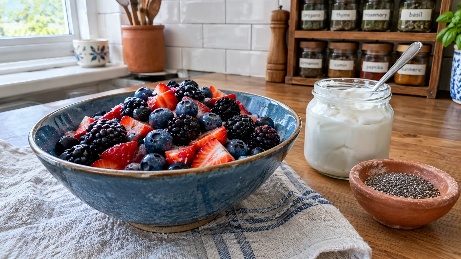 A blue ceramic bowl filled with strawberries, blueberries, and blackberries next to a jar of yogurt and chia seeds.