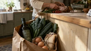A brown paper grocery bag filled with olive oil, kale, fresh eggs, and cheese sits on a kitchen island.