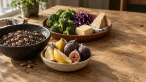 Bowls and platters of beans, broccoli, shredded red cabbage, cheese, butter, lemon wedges, and fresh figs on a wooden table.