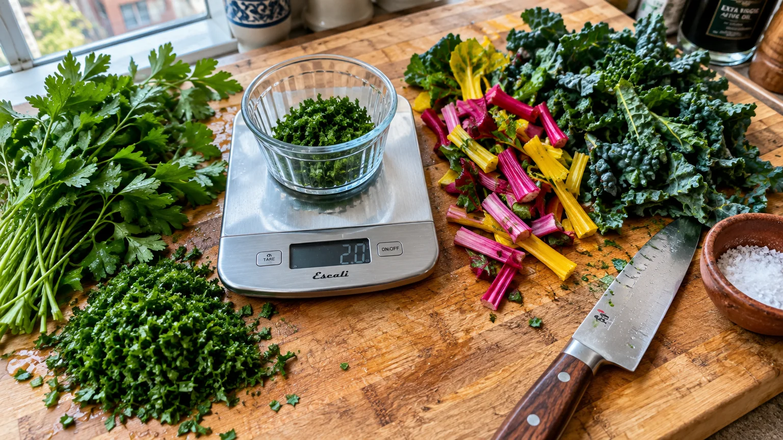 Fresh parsley, chopped chard stems, kale, and a kitchen scale with chopped greens on a wooden cutting board with a knife.